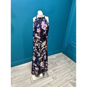 Bellambra Maxi Dress L Made in Italy Silk‎ Blend Navy Blue Floral Halter Flower